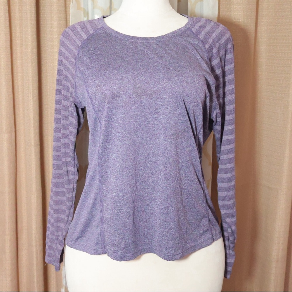 Avia Lavender Striped-Sleeve Long Sleeve Crewneck Top